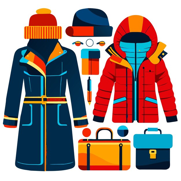 Vecteur illustration vectorielle de la collection de vêtements d'hiver et d'articles essentiels