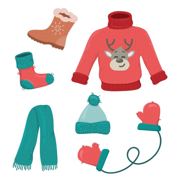 Vecteur illustration vectorielle, collection de vêtements d'hiver avec texture dans les couleurs rouges et vertes. vêtements tricotés