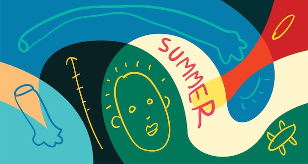 Illustration Vectorielle Colorée De Doodle Arrière-plan Pour La Bannière Des Vacances D'été 2024