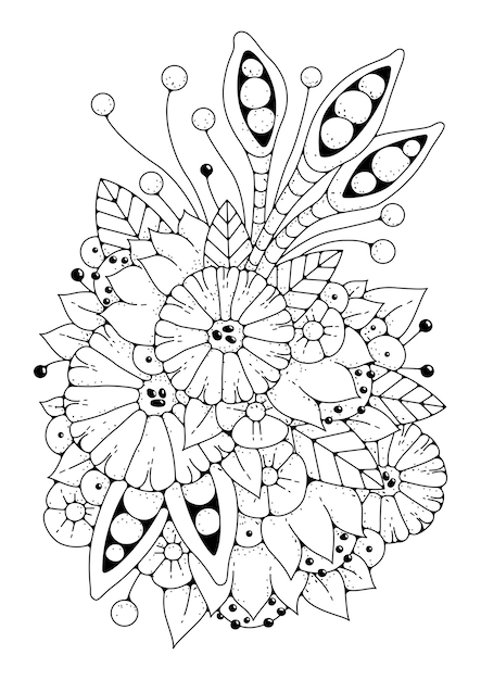 Illustration vectorielle à colorier. Un jardin fleuri magique avec de grandes fleurs rondes et des bourgeons. Coloriage. L'art-thérapie.