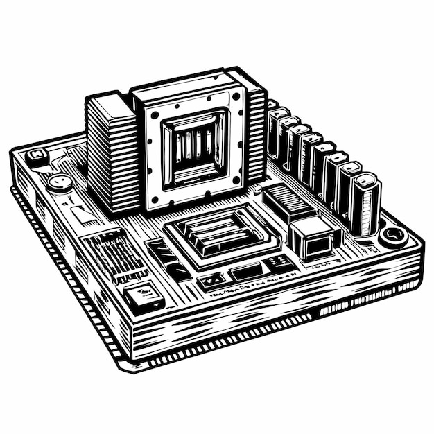 Illustration vectorielle complexe de la carte mère d'ordinateur dans une conception monochrome