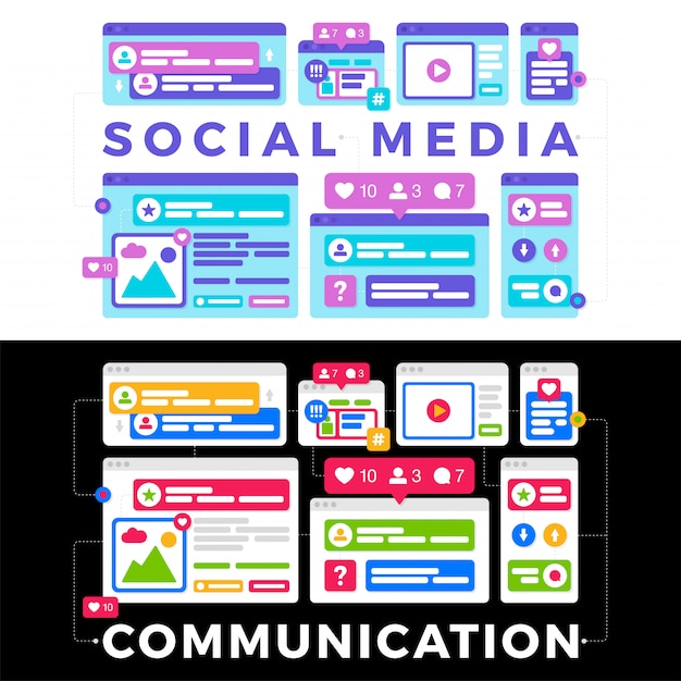 Vecteur illustration vectorielle d'un concept de communication de médias sociaux. le mot médias sociaux avec des fenêtres de navigateur multi-plateformes colorées