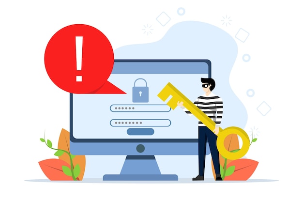 illustration vectorielle sur le concept de cybersécurité avec un pirate informatique essayant de voler des données personnelles