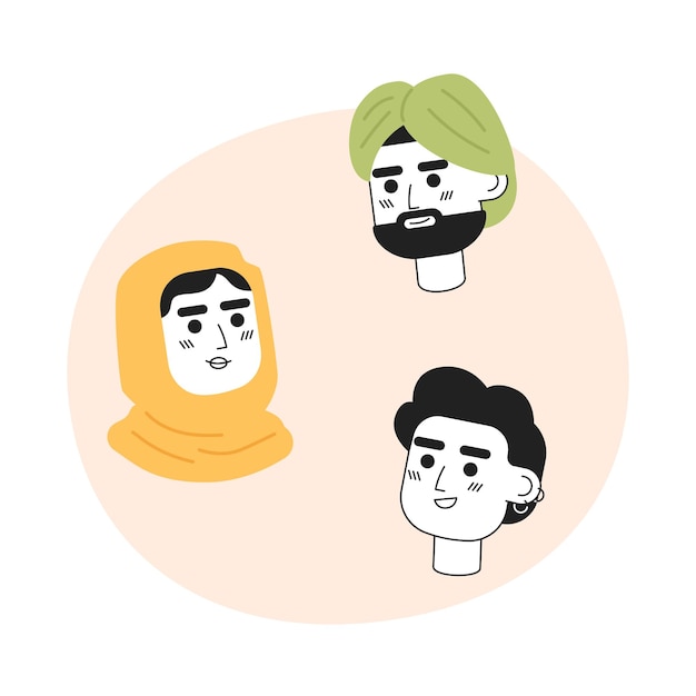 Illustration vectorielle de concept monochrome de personnes multiracées Personnages de dessins animés 2D plat bw musulman indien et afro-américain pour la conception de l'interface utilisateur Web Image de héros dessinée à la main modifiable isolée