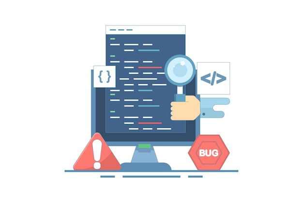 illustration vectorielle sur le concept de rapport de bug ou la recherche de bugs dans un programme logiciel