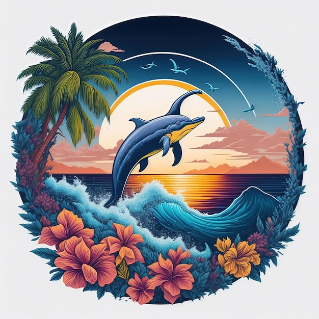 illustration vectorielle de conception de t-shirt forme colorée navires de mer fantasme dauphin