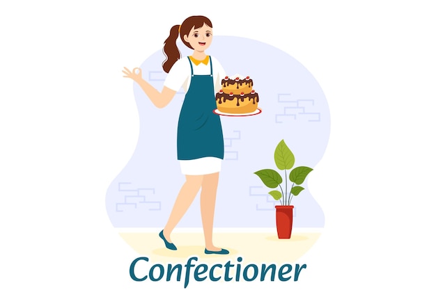 Illustration Vectorielle De Confiseur Avec Chef Portant Un Tablier Préparant Le Dessert Et La Pâtisserie Dans Les Modèles