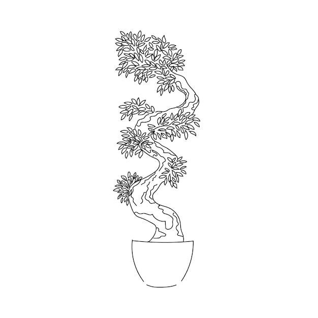 Illustration Vectorielle Contour De La Ligne De La Main De L'arbre Bonsaï Sur Fond Blanc