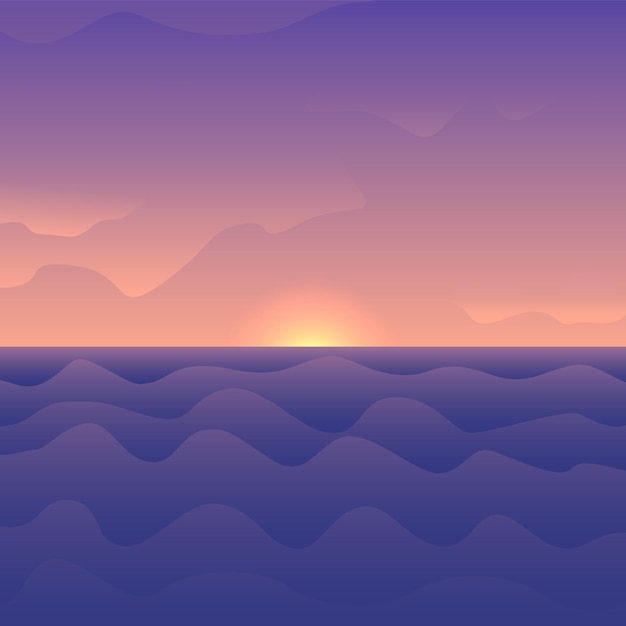 Illustration vectorielle d'un coucher de soleil de style dessin animé sur une mer ondulée