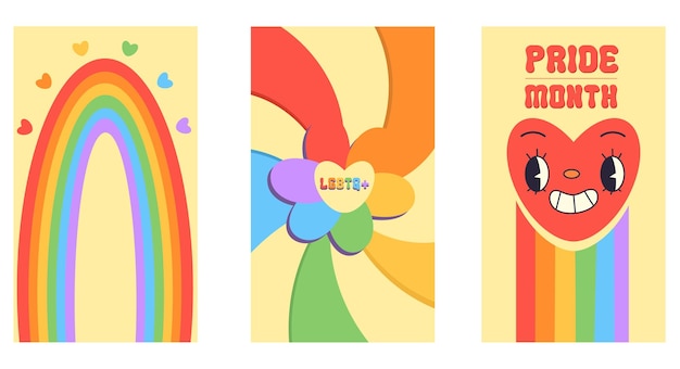 Illustration Vectorielle Couleur Avec Des Affiches Sur Le Thème Lgbt Dans Un Style Groovy Mois De La Fierté Cœur Arc-en-ciel