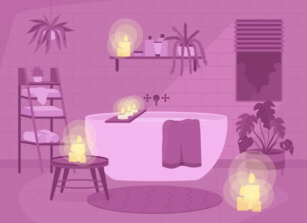 Vecteur illustration vectorielle de couleur plate atmosphère de salle de bain romantique. décor monochrome violet. baignoire et bougies à la maison. intérieur de dessin animé 2d de style nordique avec ameublement en arrière-plan