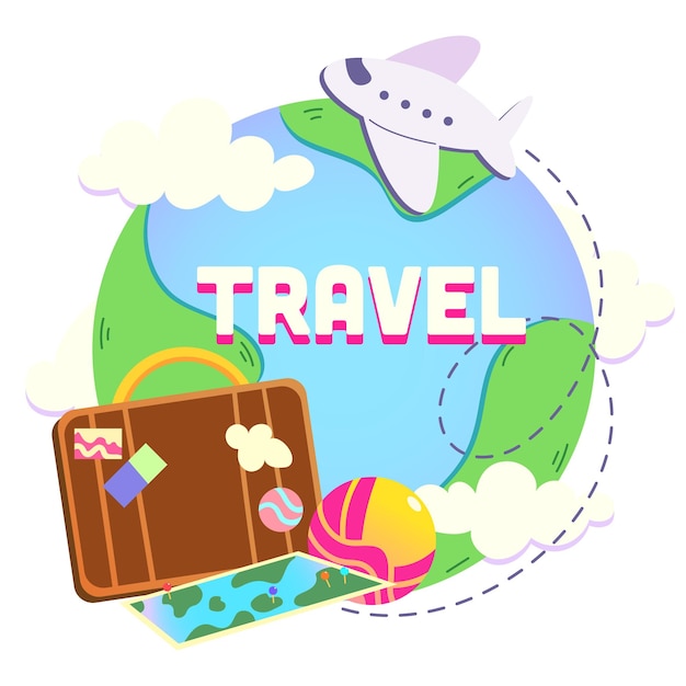 Illustration vectorielle en couleurs représentant un thème de voyage Terre nuages plan carte de trajectoire boule de valise