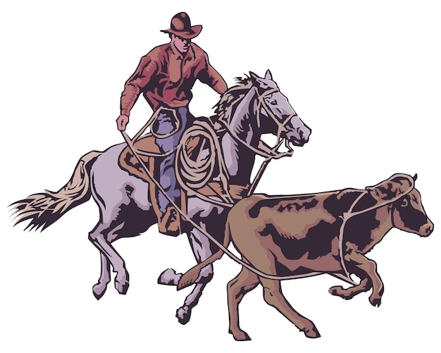 Illustration vectorielle de Cowboy à cheval chasse la vache