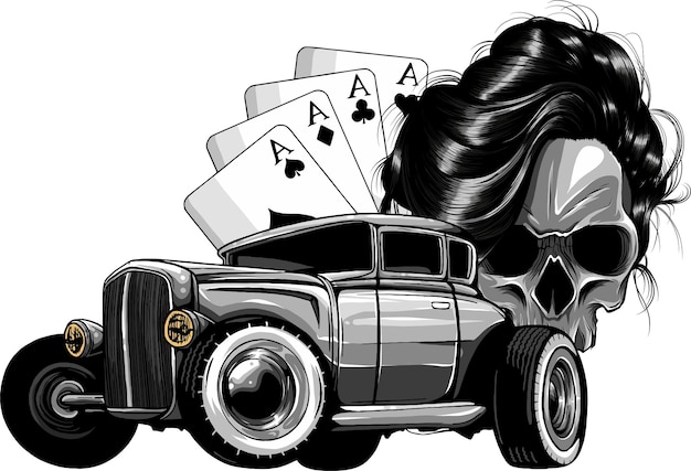 Vecteur illustration vectorielle d'un crâne avec un hot rod et des cartes