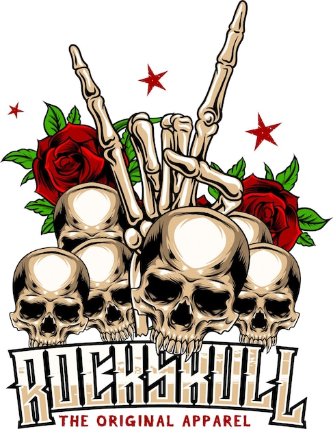 Illustration Vectorielle De Crânes, D'os De Main Et De Roses Avec Style De Dessin à La Main Disponible Pour T-shirt