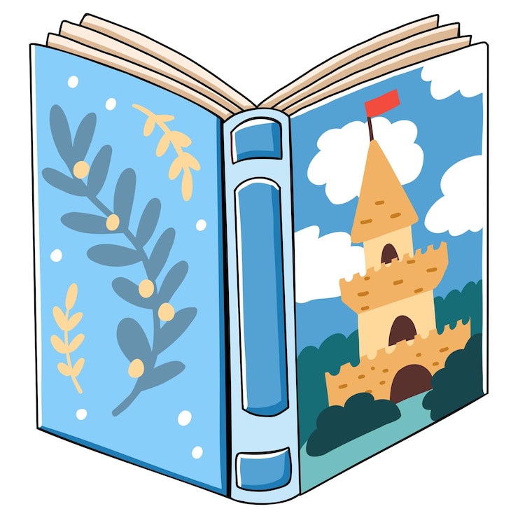 Vecteur illustration vectorielle de croquis de doodle dessinés à la main avec livre pour enfants, conte de fées, voiture de plan quotidien pour enfants