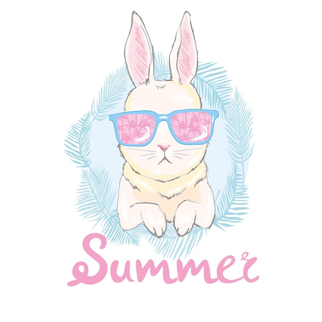 Illustration Vectorielle De Croquis De Lapin Mignon, Impression D'enfants Sur T-shirt, Lapin Dessiné à La Main Avec Des Lunettes