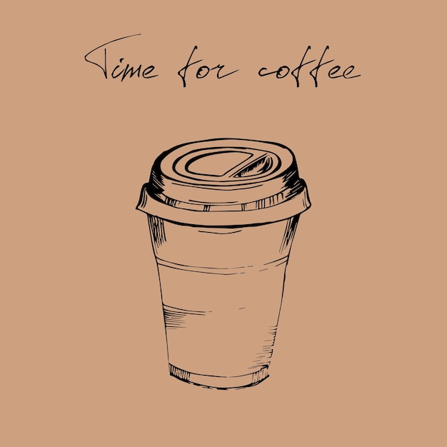 Illustration vectorielle d'un croquis à la main libre d'un verre de café en papier avec l'inscription Coffee time
