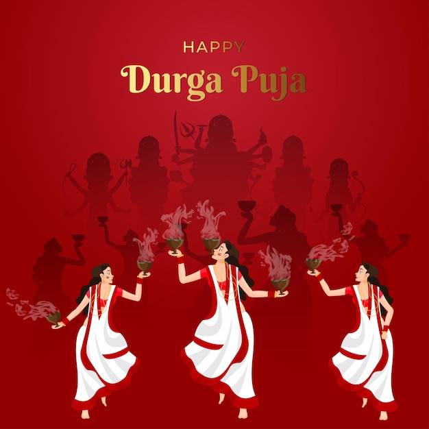 Illustration Vectorielle De Dames Dansant Avec Dhunuchi Et Hommes Jouant Dhak Pour Happy Durga Puja