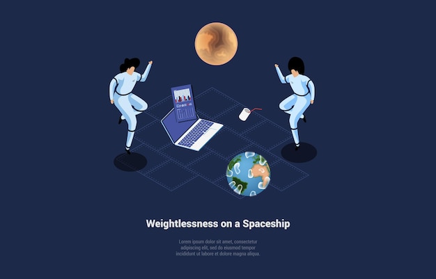 Illustration vectorielle dans un style 3D de dessin animé. Composition Isométrique Sur Fond Sombre Avec Du Texte Et Des Caractères. Apesanteur Sur Le Concept De Vaisseau Spatial. Deux astronautes flottant, fusée, infographie, objets