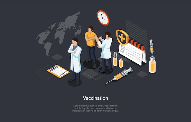 Illustration Vectorielle Dans Le Style 3d De Dessin Animé. Composition Isométrique Sur Fond Sombre Avec Du Texte. Immunazation Avec Vaccin Médical, Concept De Processus De Vaccination. Trois Personnages, élément D'infographie De L'hôpital