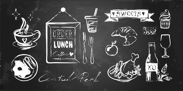 Illustration vectorielle de décoration de menu de café Lignes de craie blanche sur tableau noir