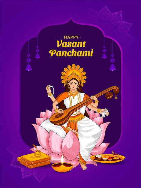 Vecteur illustration vectorielle de la déesse de la sagesse maa saraswati pour la célébration du festival indien vasant panchami