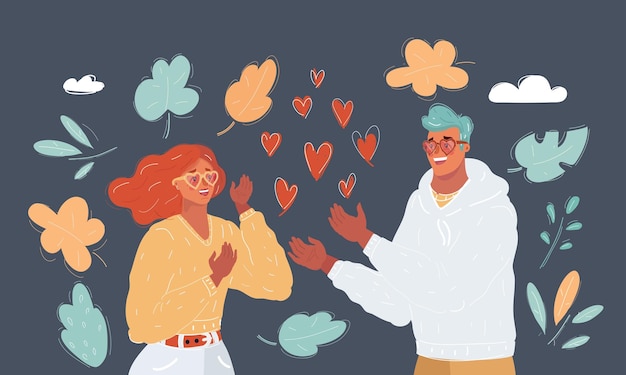 Vecteur illustration vectorielle de dessin animé des amoureux se regardent coeur de saint-valentin autour de leur sur fond sombre