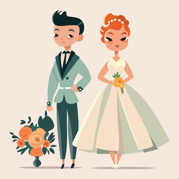 Une Illustration Vectorielle De Dessin Animé D'un Couple De Mariage Mignon Rétro