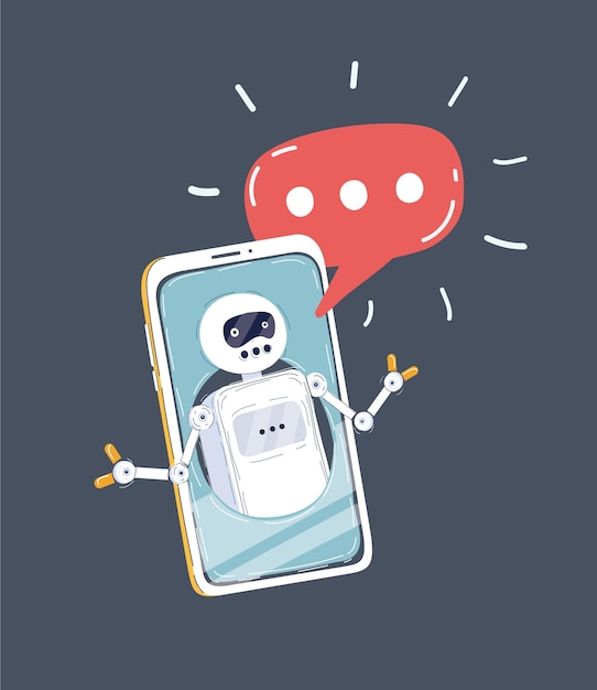 Illustration vectorielle en dessin animé du chat bot et du futur concept de marketing écran de message automatique du chat bot avec fond de téléphone portable à la main