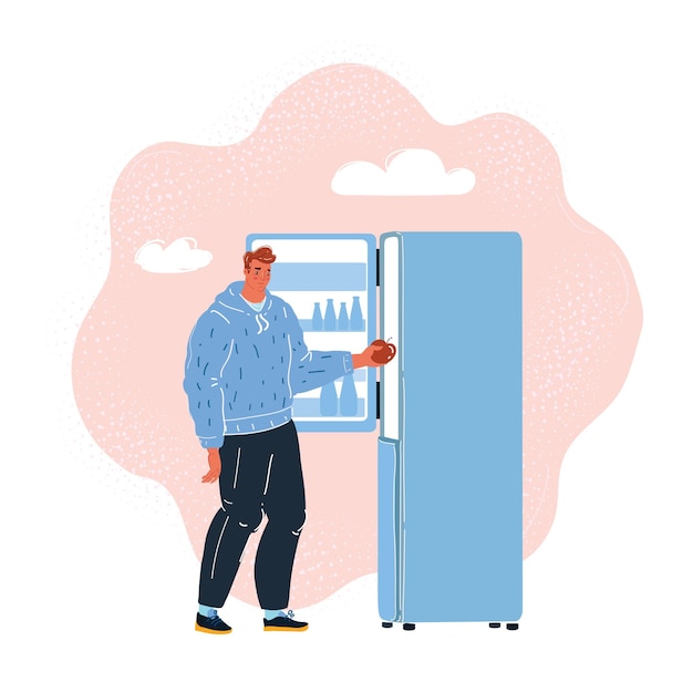 Vecteur illustration vectorielle de dessin animé du premier jour d'un régime aux fruits homme utilise le réfrigérateur dans le noir