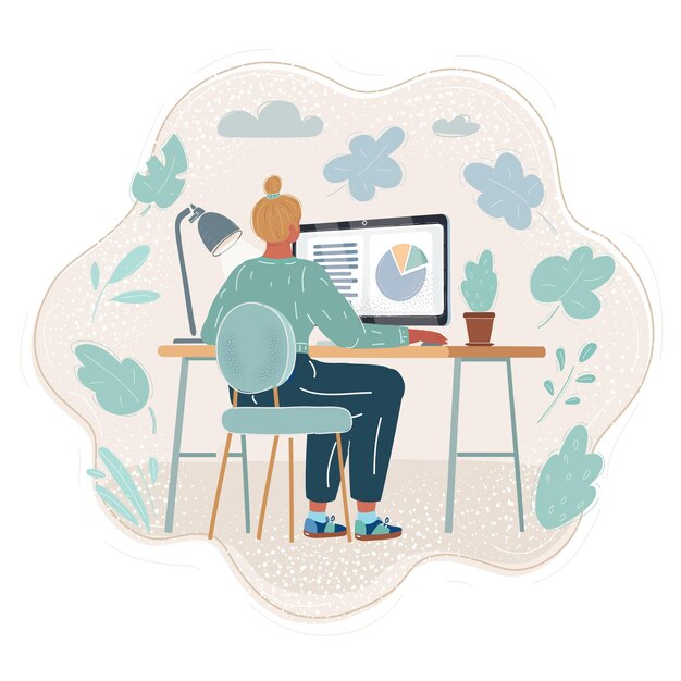 Vecteur illustration vectorielle de dessin animé d'une femme assise à son bureau et travaillant vue arrière d'un professionnel