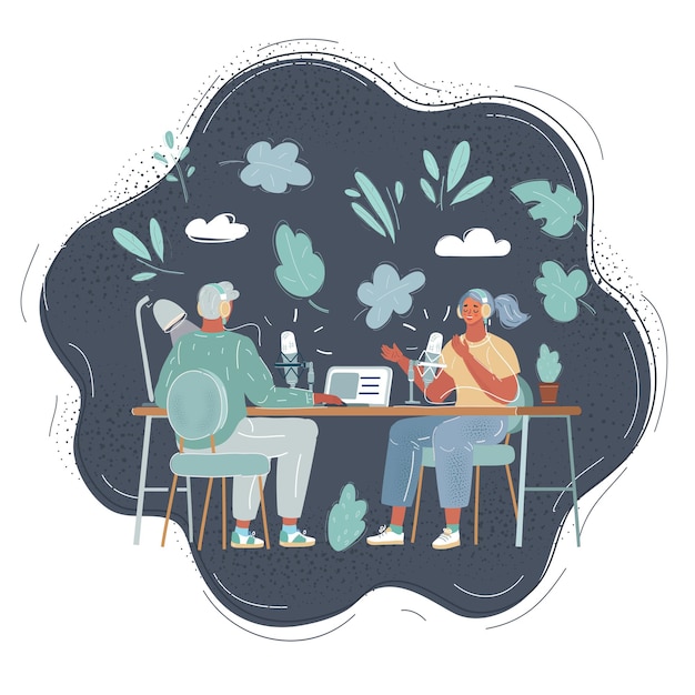 Illustration vectorielle de dessin animé de la femme et de l'homme podcaster sur fond sombre