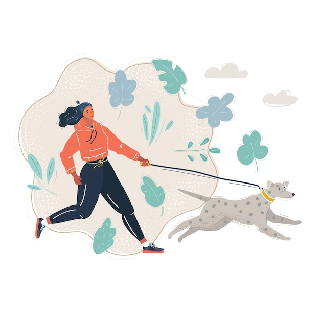 Vecteur illustration vectorielle de dessin animé d'une femme qui court avec son chien à l'extérieur