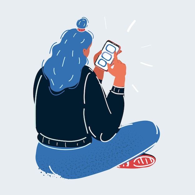 Vecteur illustration vectorielle de dessin animé d'une femme tenant un téléphone vue arrière sur fond blanc