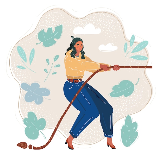 Illustration vectorielle de dessin animé d'une femme tirant une corde