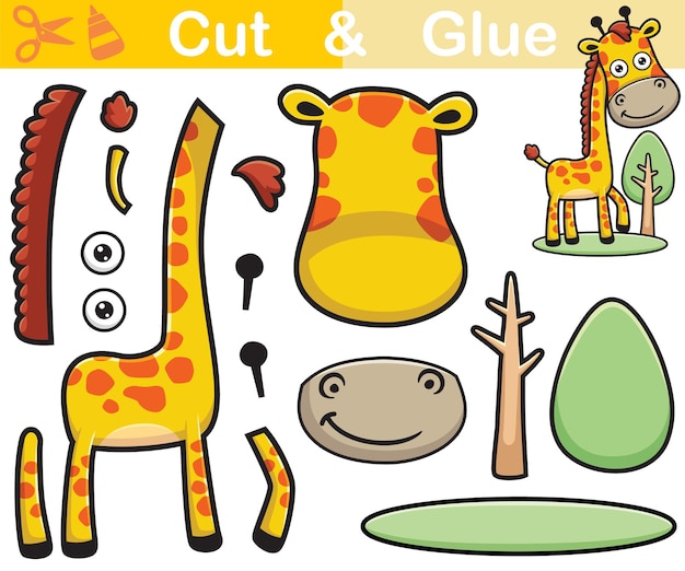 Illustration Vectorielle De Dessin Animé Girafe Avec Arbre. Jeu De Papier éducatif Pour Les Enfants. Découpe Et Collage