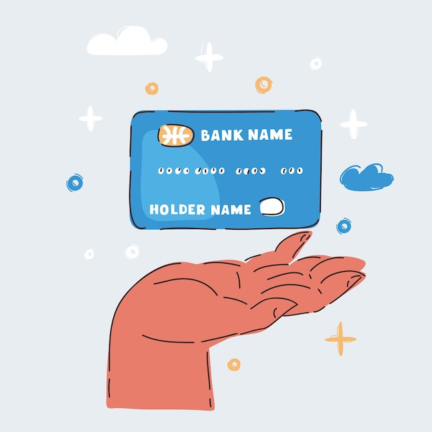 Vecteur illustration vectorielle de dessin animé d'un gros plan d'une carte de crédit dans la main humaine