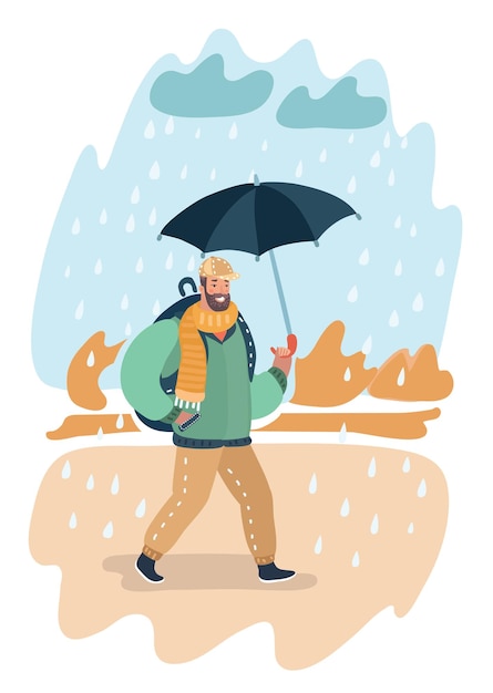 Vecteur illustration vectorielle de dessin animé d'un homme décontracté marchant avec un parapluie sous la pluie flaque d'eau et nuage