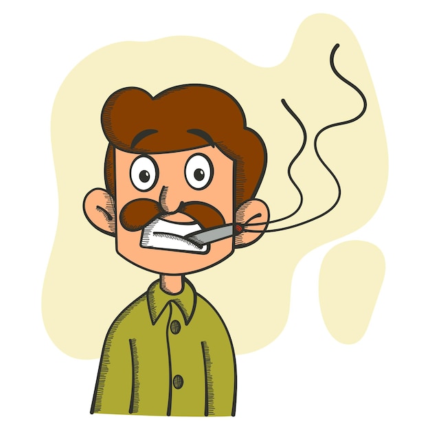 Vecteur illustration vectorielle de dessin animé de l'homme fumeur est surpris et fume une cigarette