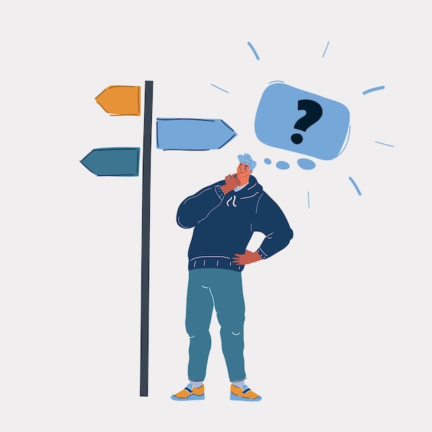 Illustration vectorielle de dessin animé de l'homme qui pense quel chemin prendre