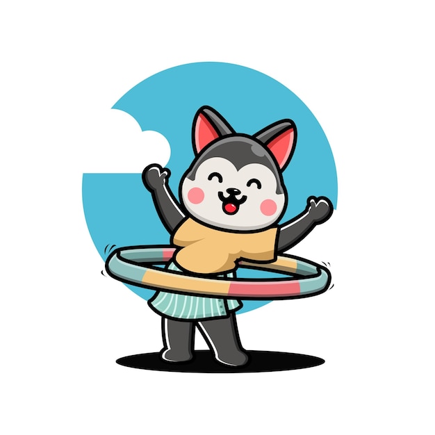 Illustration Vectorielle De Dessin Animé Mignon Husky Palying Hula Hoop