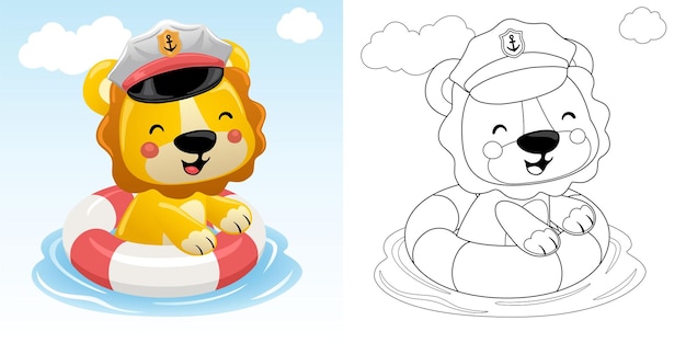 Illustration Vectorielle De Dessin Animé Mignon Lion En Bonnet De Marin Nageant Avec Une Bouée Livre De Coloriage Ou Page Pour Les Enfants