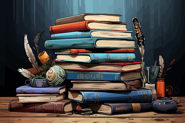 illustration vectorielle de dessin animé d'une pile colorée de livres avec un livre ouvert et une plume d'oie