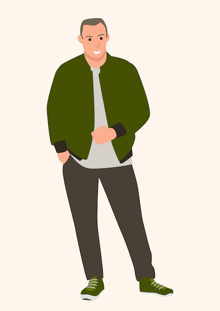 Vecteur illustration vectorielle de dessin animé plat simple d'un jeune homme portant un blouson aviateur, style de mode