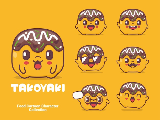 Illustration Vectorielle De Dessin Animé Takoyaki Avec Différentes Expressions