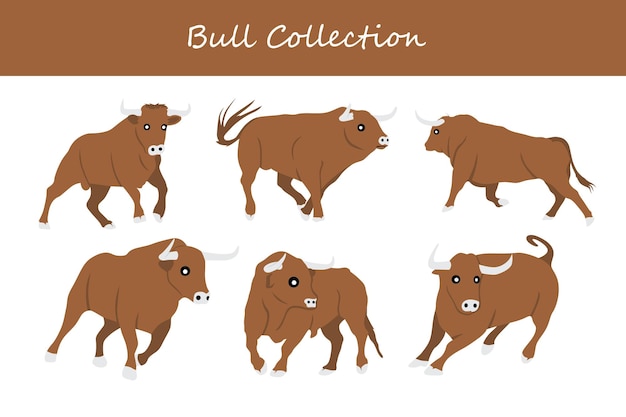 Illustration vectorielle de dessin animé de taureau Taureau mignon dans différentes poses et actions