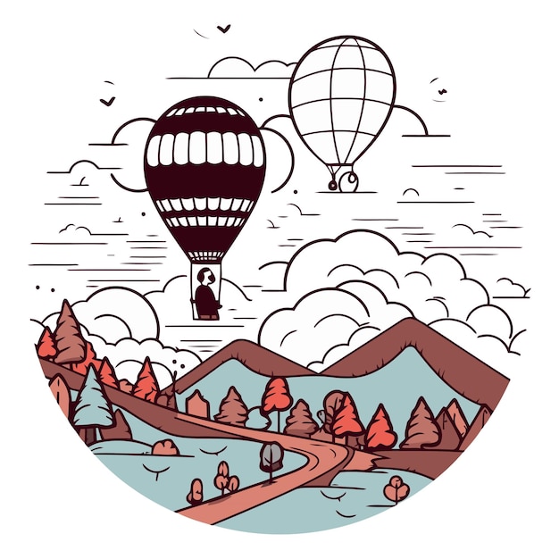 Vecteur illustration vectorielle dessinée à la main d'un ballon à air chaud volant au-dessus des montagnes