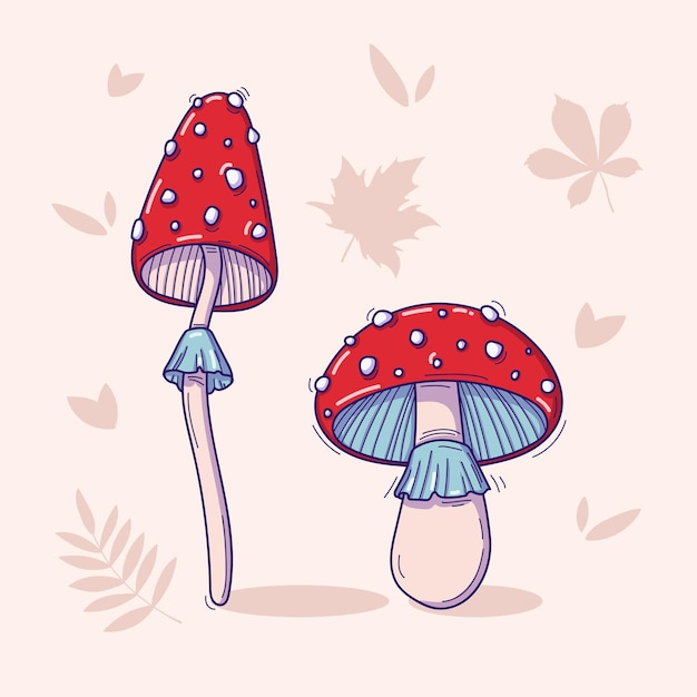 Vecteur illustration vectorielle dessinée à la main de deux champignons amanita muscaria fly agaric en style doodle isolé sur un fond clair avec des feuilles d'automne