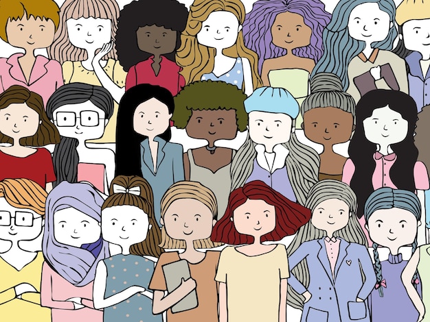 Illustration Vectorielle Dessinée à La Main De La Diversité Des Femmes Dans Le Style D'art Doodle